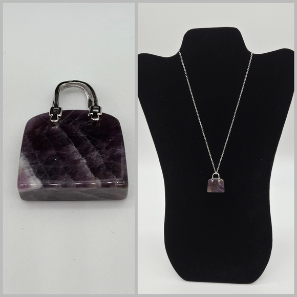 🎁Amethyst Handbag Shape Natural Healing Crystal Gem Pendant & Silver Necklace - Picture 1 of 10
